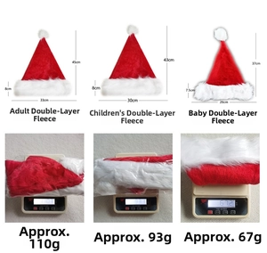 Guide des tailles montrant les dimensions et poids des bonnets de Noël en peluche variés