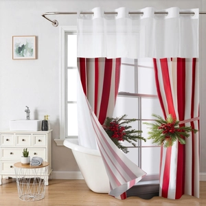 Christmas striped shower curtain with red holly berry print for holiday bathroom decor