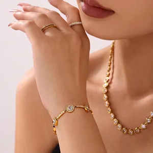 Luxury Chain Bracelet Stainless Steel 18K Gold Plated Round Pavé White Zircon Geometric Adjustable Elegant Jewelry Women