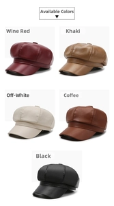 Octagonal newsboy hat in PU leather texture available in five classic neutral colors