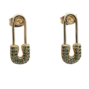 Detailed view of gold safety pin earrings set with sparkling green pavé zircons