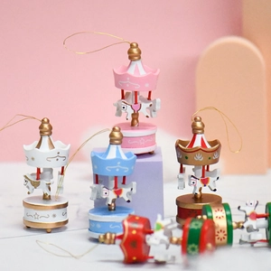 Christmas Mini Carousel Wooden Ornament Hand Painted Holiday Festive Tree Hanging Decoration Desktop Home Decor Craft