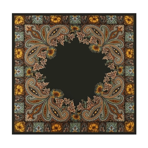 Detail of satin square scarf featuring intricate paisley patterns and deep brown hues