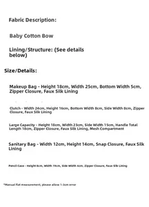 Detailed sizing specifications for embroidered bow quilted makeup and toiletry bags