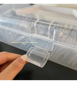 Detail of transparent jewelry storage box with white handle and secure buckle closure