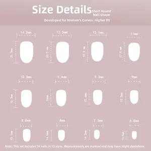 Size chart for short round press-on nails detailing 12 different widths and lengths in white