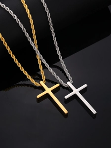 Polished gold and silver stainless steel cross pendants with twisted rope chains