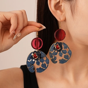 New Chinese-style contrast flower resin earrings with red beads and blue floral petals