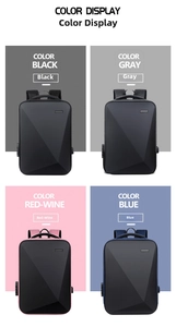 Detail view of anti-theft hardshell laptop backpack in four colors with USB and TSA lock