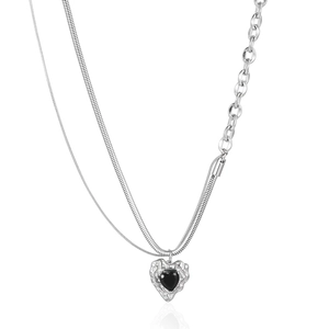 Double Layer Heart Pendant Necklace Stainless Steel Snake O Chain Splicing Black Heart Stone Hip Hop Jewelry For Unisex