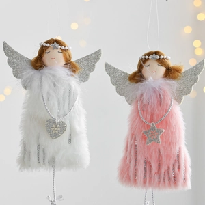 Detailed view of plush Christmas angel ornaments with sequins and glittery star wings