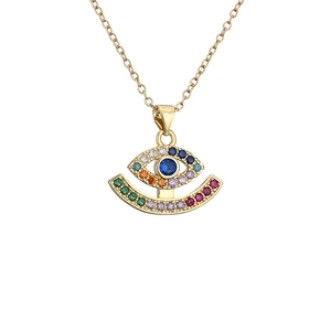Golden evil eye pendant necklace with colorful zircons on a clean white background