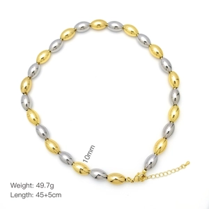 Detail view of 10mm gold and silver olive beads necklace with secure lobster clasp