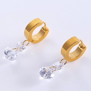 Minimalist gold hoop earrings with double round clear cubic zirconia drop charms