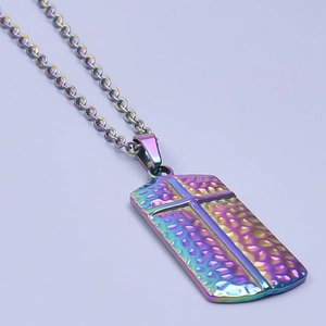 Detail of colorful vacuum plated stainless steel necklace with a cross pendant charm