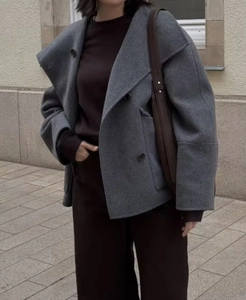 Detailed close-up of premium grey wool blend fabric texture on high neck buttoned coat