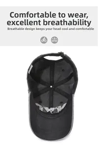 Detail of baseball cap interior showing reinforced tape, sweatband, and metal buckle