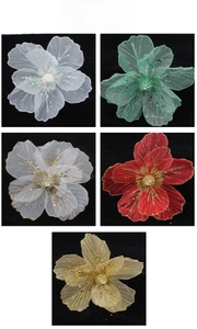 Detailed grid view showing glitter mesh Christmas flowers in five decorative colors