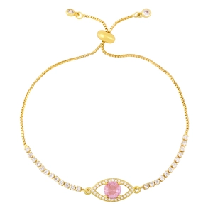 Adjustable gold evil eye bracelet with pink gemstone and zircon pavé on white background
