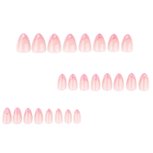Set of 24 pink French almond press-on nails with shimmering cat-eye effect and gold lines