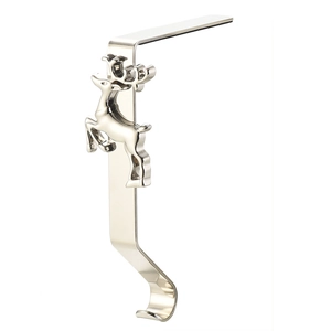 Detailed silver metal Christmas stocking hook featuring a 3D reindeer design on white background
