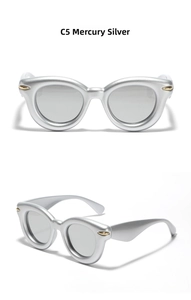 Macro detail of cat-eye sunglasses in mercury silver with polished rivets and frame