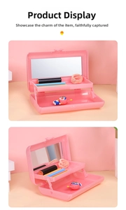 Pink double-layer folding storage box with built-in mirror and tray for cosmetics