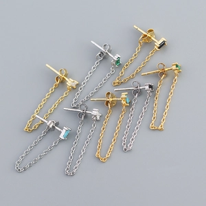 Rectangle Cubic Zirconia Tassel Chain Earrings With 925 Sterling Silver Earring Post Minimalist Chic Jewelry For Women