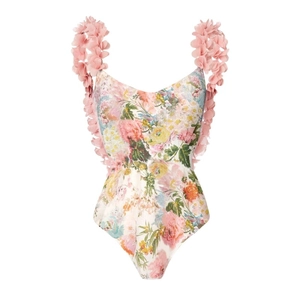 Floral one-piece swimsuit with 3D pink flower appliqués on ivory patterned fabric