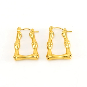 Retro bamboo texture geometric square hoop earrings in polished gold stainless steel