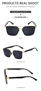 Polarized sunglasses in sand gold frame with gray lenses shown from three angles