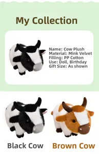 Detail view of plush cow dolls in brown and black with soft rice mink velvet texture