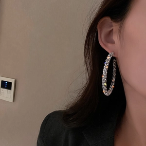 Elegant oversized silver hoop earrings with full pave crystal rhinestones for women