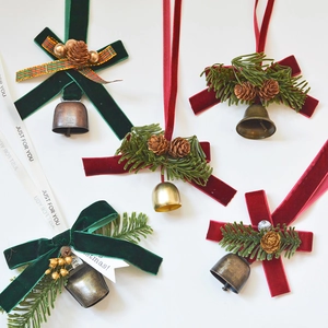 Christmas Hanging Bell Ornament Velvet Bow Pine Cones Faux Needles Metal Vintage Festive Home Tree Holiday Decoration