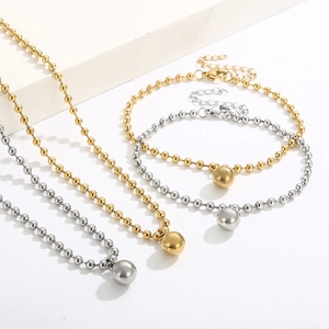 Polished stainless steel gold and silver bead chain jewelry set with round pendants