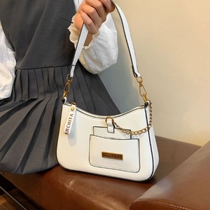 Chic white lychee textured shoulder bag with gold chain and metal lettering accents