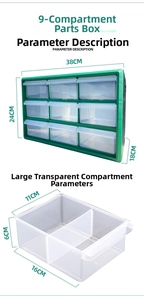 Detailed dimensions of 9-drawer green storage box showing total 38x24x18cm and drawer size