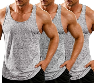 Detailed close-up of three men's slim-fit grey athletic tank tops with knit texture