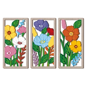 Set di 3 decorazioni murali in legno con fiori colorati intagliati per interni moderni