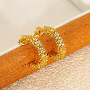 U-shaped stainless steel gold earrings with double row sparkling rhinestones