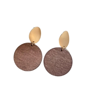 Retro geometric earrings with golden oval metal and dark brown round wooden pendants