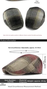 Detail view of polyester beret hat showing dimensions, weight and adjustable strap
