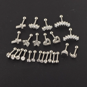 Stainless steel cartilage earring set with zircon shapes like cross crown and moon