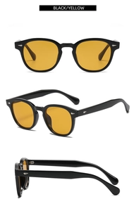 Trois perspectives de lunettes de soleil rondes rétro avec monture noire et verres jaunes