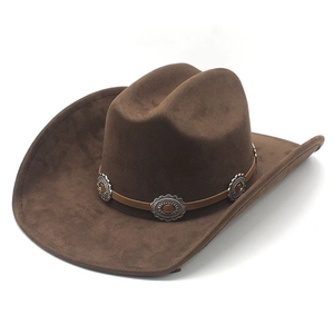Chapeau De Cowboy Occidental Large Bord Suède Extérieur Rétro Pare-Soleil Avec Conchos En Métal Ceinture En Cuir Hommes Femmes