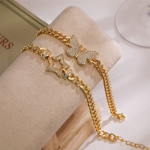 Women Fashion Gold Plated Brass Cuban Link Bracelet With Zircon Butterfly Heart Star Pendants Hip Hop Style Jewelry