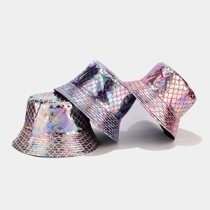 Three holographic fish scale bucket hats stacked with metallic purple and pink gradient finish