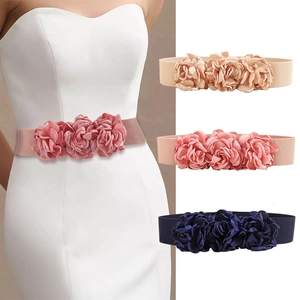 Women Elastic Corset Belt Rose Flower Decoration Sweet Lace Cinch Belt Wide Stretchy Waistband For Dress Party Accessory