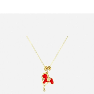 Gold plated necklace featuring a red enamel horse pendant with sparkling zircon accents