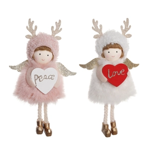 Handmade plush angel ornaments with golden glitter antlers and Peace and Love heart signs